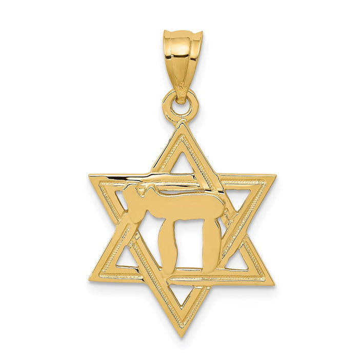 Million Charms 14K Yellow Gold Themed Solid Polish Chai In Religious Jewish Star Of David Charm