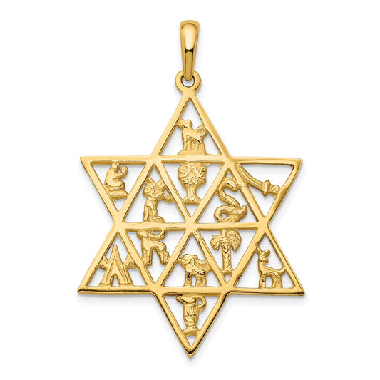 Million Charms 14K Yellow Gold Themed Religious Jewish Star Of David 12 Tribes Pendant