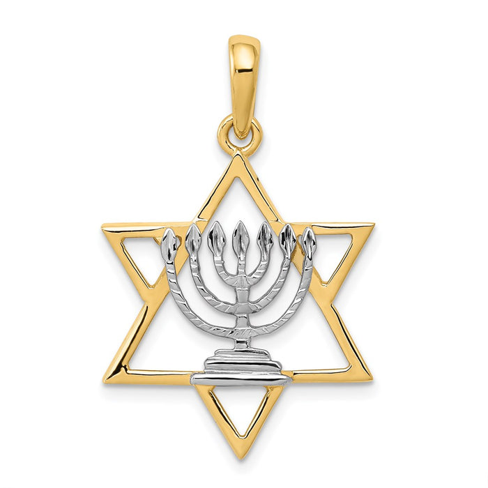 Million Charms 14K Yellow Gold Themed, Rhodium-plated Solid Menorah In Religious Jewish Star Of David Charm