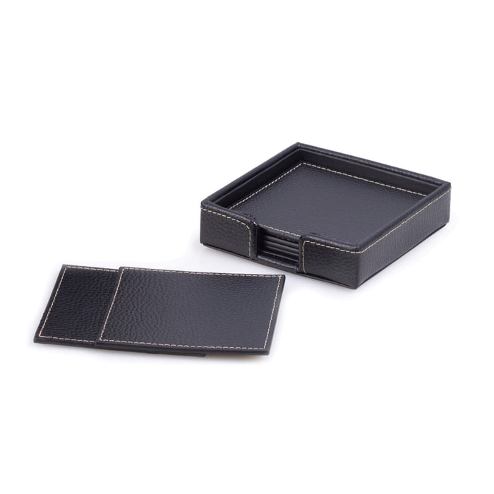 Occasion Gallery Black Color Six Piece Black Leather Coaster Set with Holder. 4.5 L x 1 W x 4.5 H in.