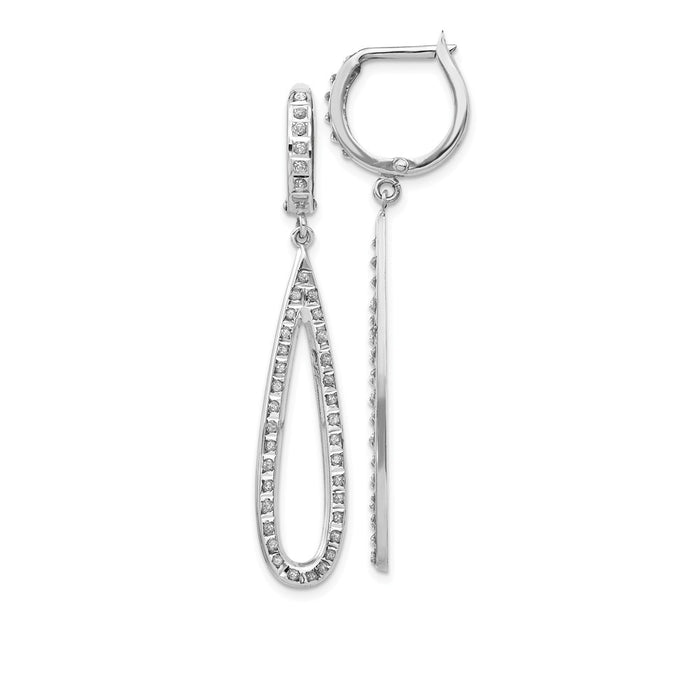 Million Charms 14k White Gold Diamond Fascination Teardrop Dangle on Round Hinged Hoop Earrings, 50mm x 9mm