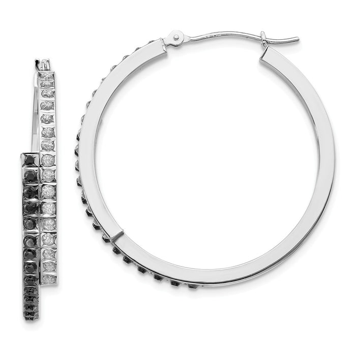 Million Charms 14k White Gold Diamond Fascination B & W Diamond Round Hinged Hoop Earrings, 36mm x 5mm