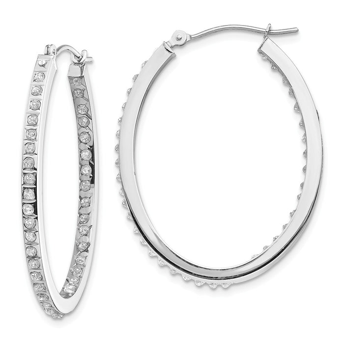 Million Charms 14k White Gold Diamond Fascination Oval Hinged Hoop Earrings, 36mm x 2mm