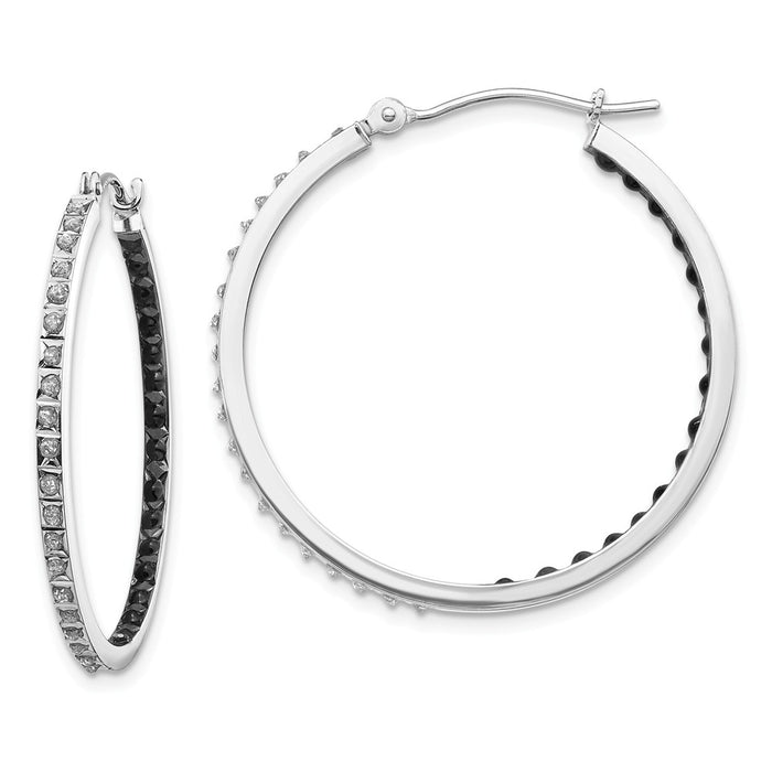 Million Charms 14k White Gold Diamond Fascination B & W Diamond Round Hinged Hoop Earrings, 30mm x 2mm