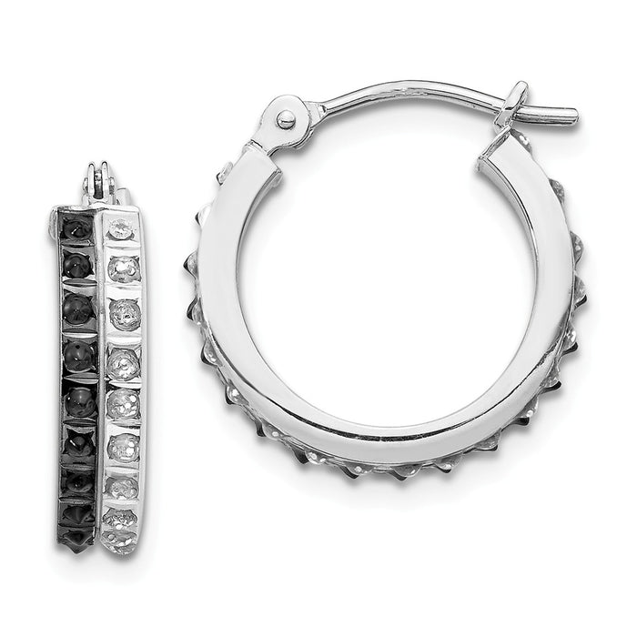 Million Charms 14k White Gold Diamond Fascination B & W Diamond Round Hinged Hoop Earrings, 15mm x 4mm