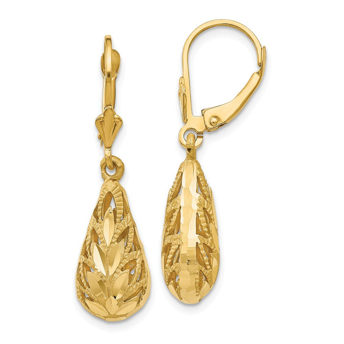 Million Charms 14k Yellow Gold Polished & Diamond-Cut Dangle Leverback Earrings, 35mm x 9mm
