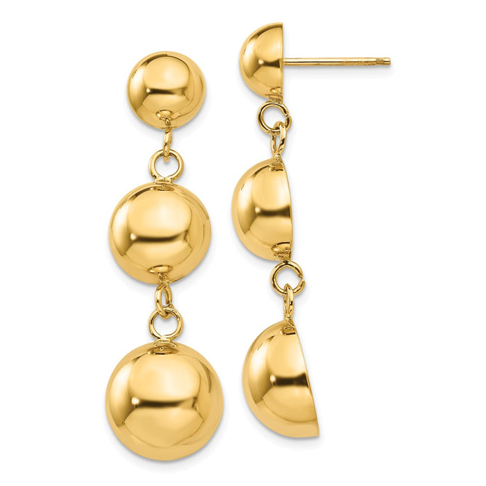 Million Charms 14k Yellow Gold Polished Half Ball Dangle Earrings, 40mm x 12mm
