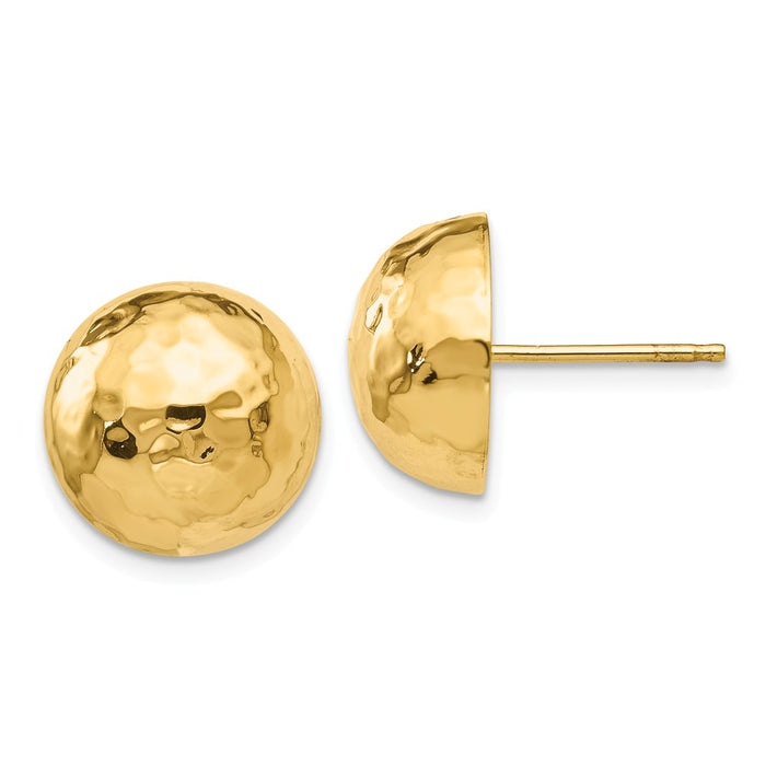 Million Charms 14k Yellow Gold Hammered Half Ball Post Earrings, 13mm x 13mm