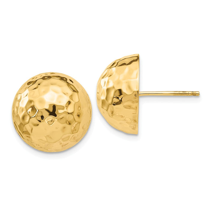 Million Charms 14k Yellow Gold Hammered Half Ball Post Earrings, 15mm x 15mm