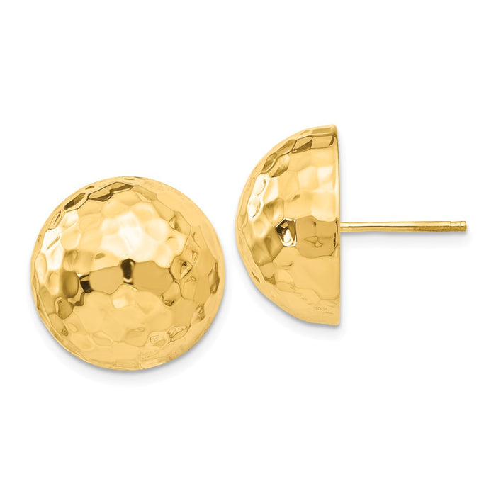 Million Charms 14k Yellow Gold Hammered Half Ball Post Earrings, 17mm x 17mm