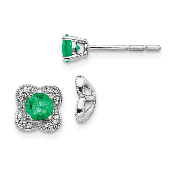 14k White Gold Diamond & Emerald Earrings, 7mm x 7mm