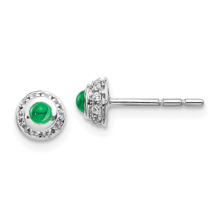 14k White Gold Diamond & Cabochon Emerald Earrings, 5mm x 5mm