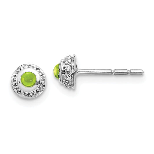 14k White Gold Diamond & Cabochon Peridot Earrings, 4mm x 4mm