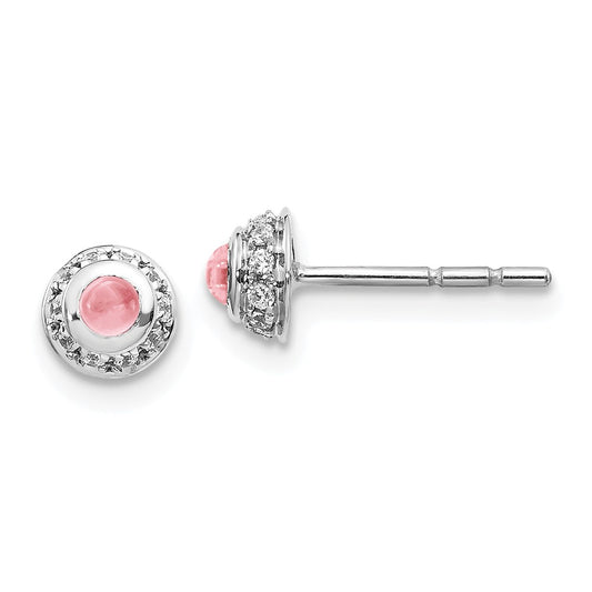 Million Charms 14k White Gold Diamond & Cabochon Pink Tourmaline Earrings, 5mm x 5mm