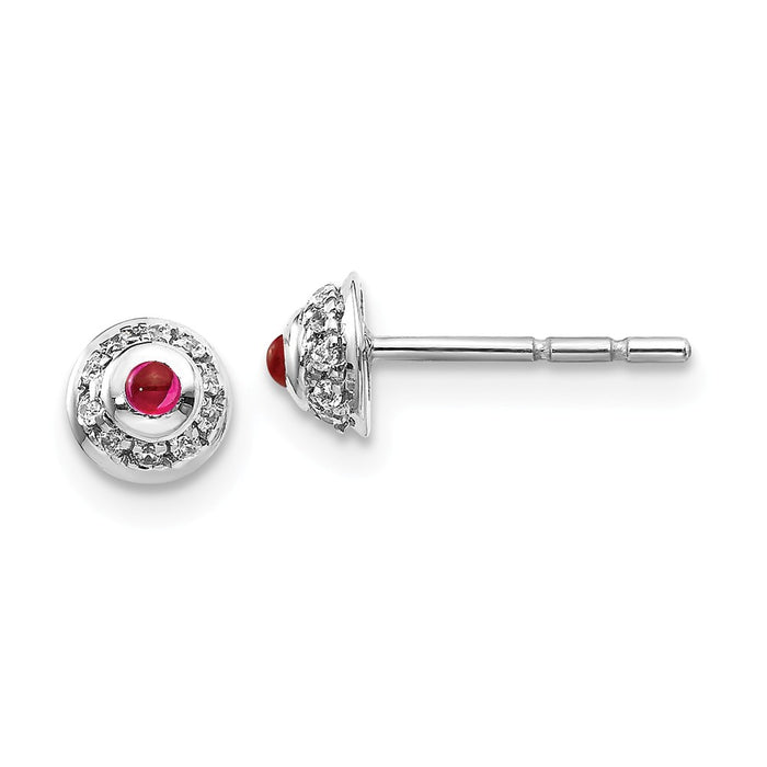 Million Charms 14k White Gold Diamond & Cabochon Ruby Earrings, 3mm x 3mm