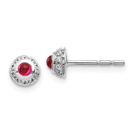 Million Charms 14k White Gold Diamond & Cabochon Ruby Earrings, 4mm x 4mm