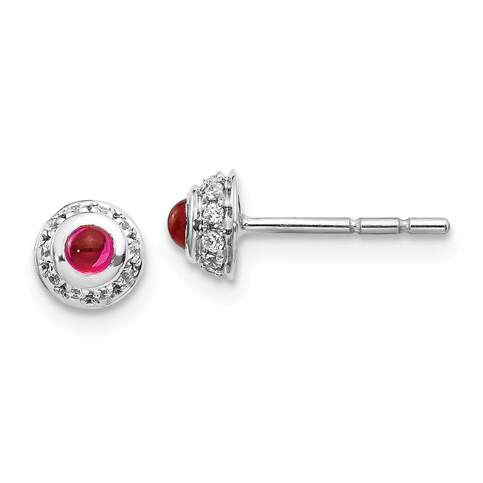 Million Charms 14k White Gold Diamond & Cabochon Ruby Earrings, 4mm x 4mm