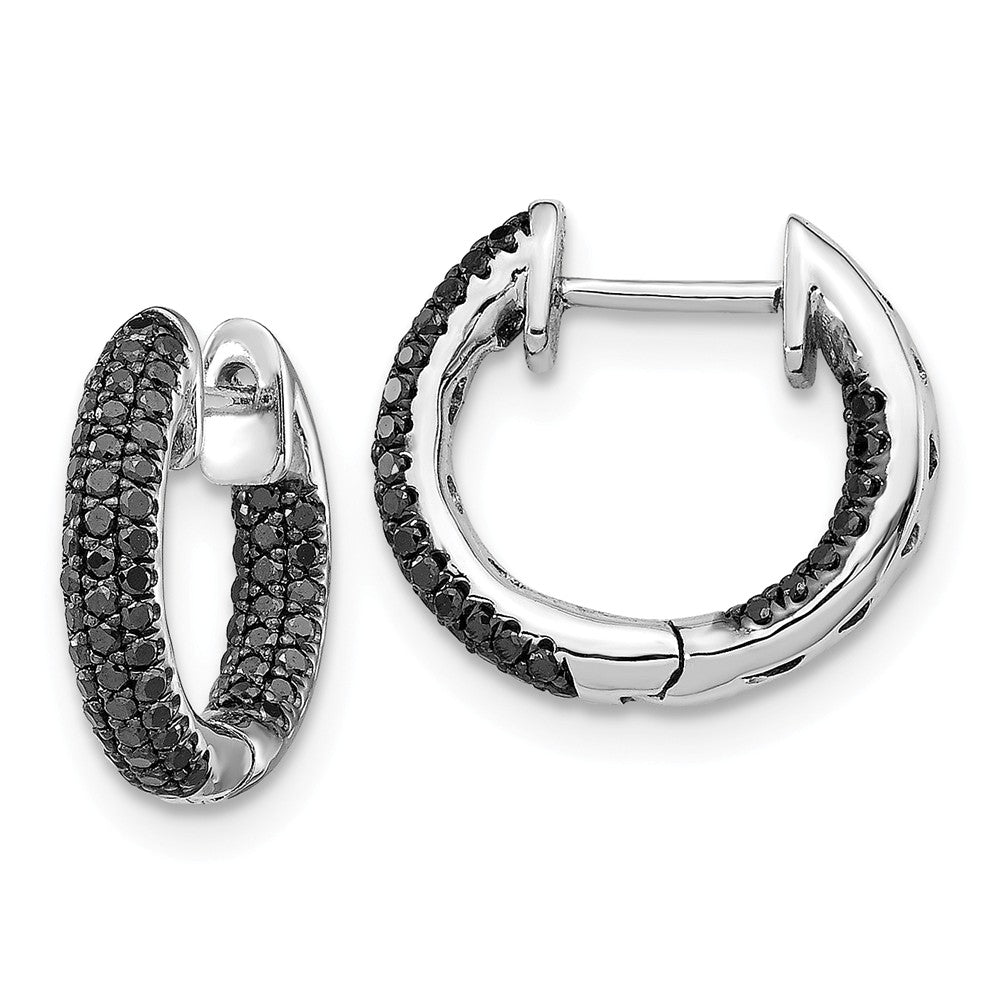 Million Charms 14k White Gold Black Diamond Hinged Hoop Earrings, 13mm x 14mm