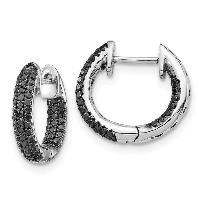 Million Charms 14k White Gold Black Diamond Hinged Hoop Earrings, 13mm x 14mm