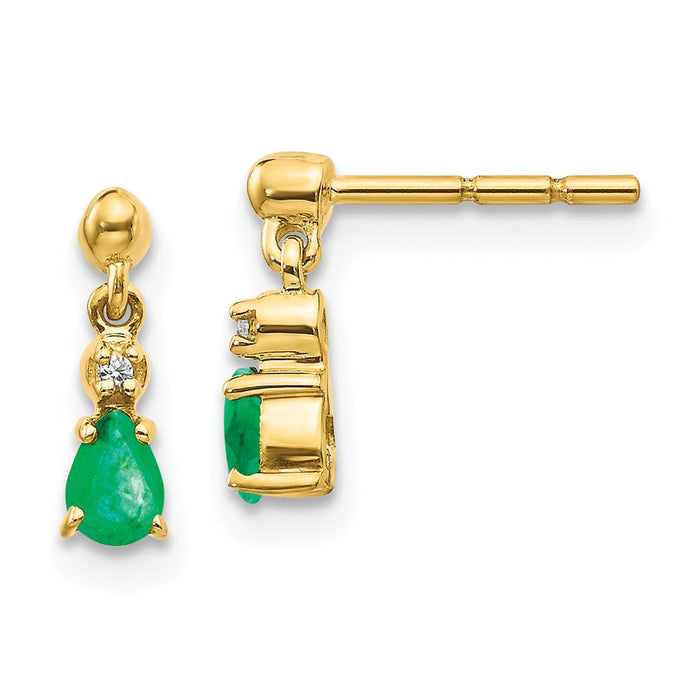 14k Yellow Gold Gold Emerald & Diamond Dangle Earrings, 10mm x 3mm