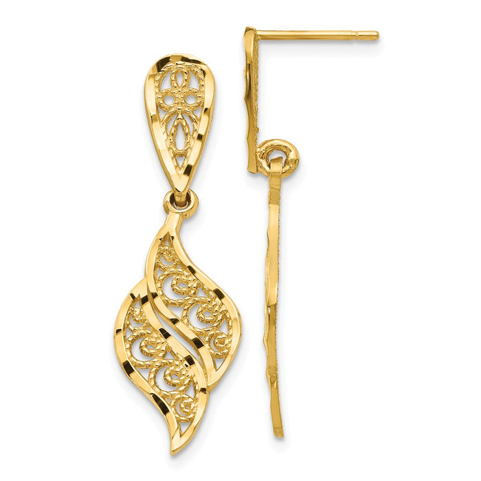 Million Charms 14k Yellow Gold Polished & Diamond-Cut Filigree Swirl Dangle Post Earrings, 32mm x 10mm