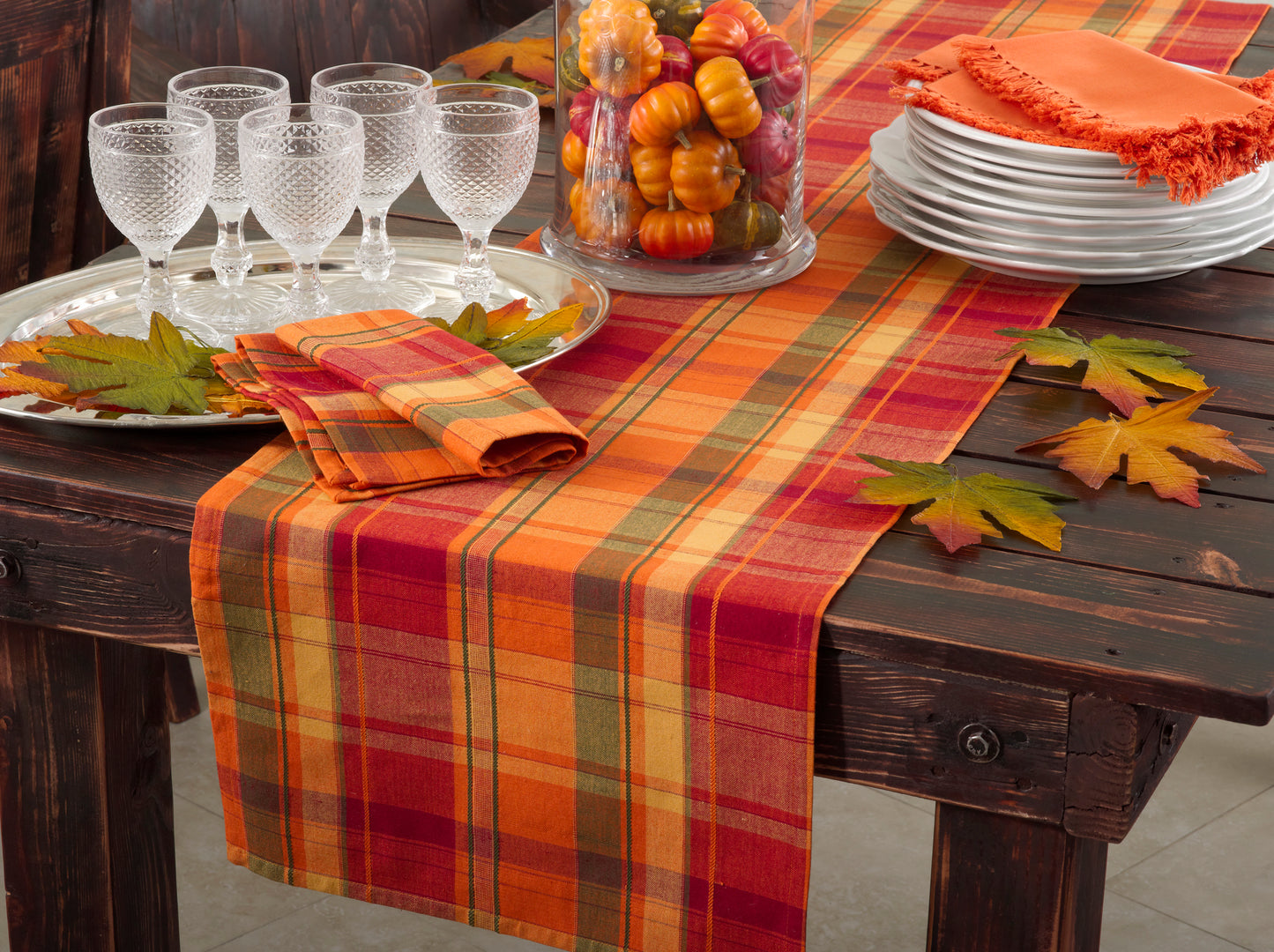 Occasion Gallery Terracotta Orange Holiday Harvest Plaid Design Cotton Runner.