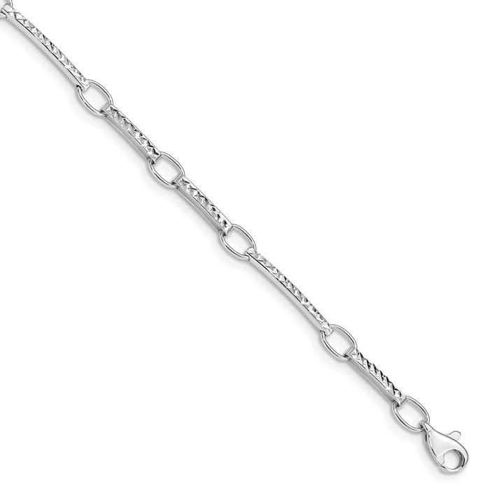 Million Charms 14k White Gold Polished and Textured Fancy Link Bracelet, Chain Length: 7.25 inches