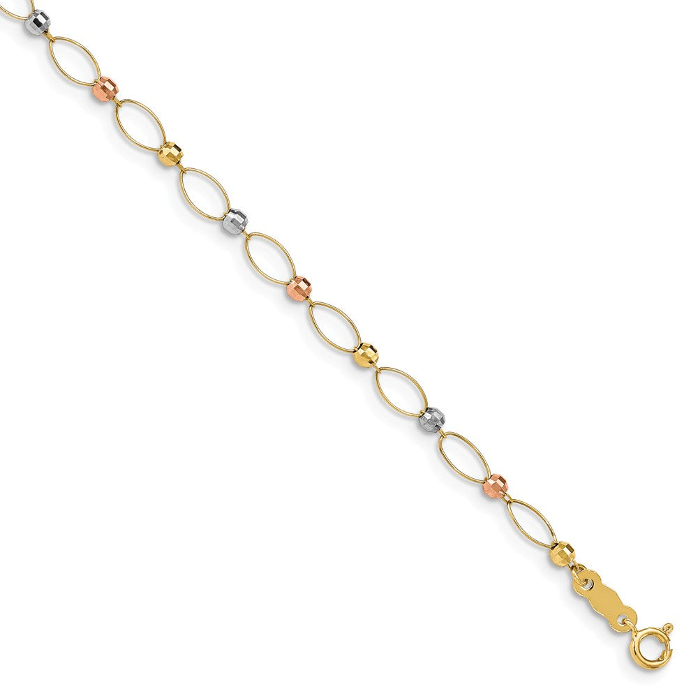 Million Charms 14K Gold Tri-color Oval Link Two-tone Mirror Beads Bracelet, Chain Length: 7.5 inches