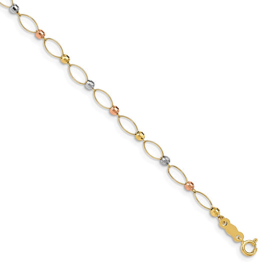 Million Charms 14K Gold Tri-color Oval Link Two-tone Mirror Beads Bracelet, Chain Length: 7.5 inches