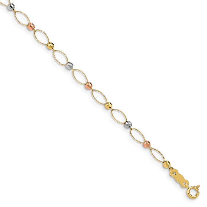 Million Charms 14K Gold Tri-color Oval Link Two-tone Mirror Beads Bracelet, Chain Length: 7.5 inches