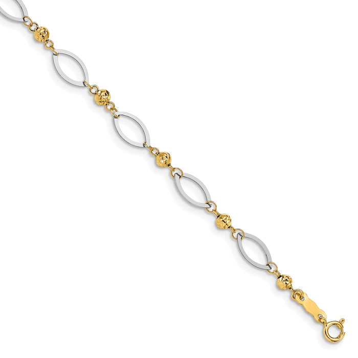 Million Charms 14k Yellow Gold Two-tone Oval Marquise Links with Diamond-Cut Beads Bracelet, Chain Length: 7.25 inches