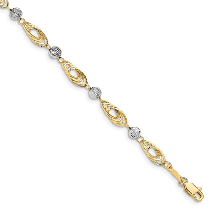 Million Charms 14K Gold Two-tone Oval Links with Diamond Cut Beads Bracelet, Chain Length: 7.25 inches
