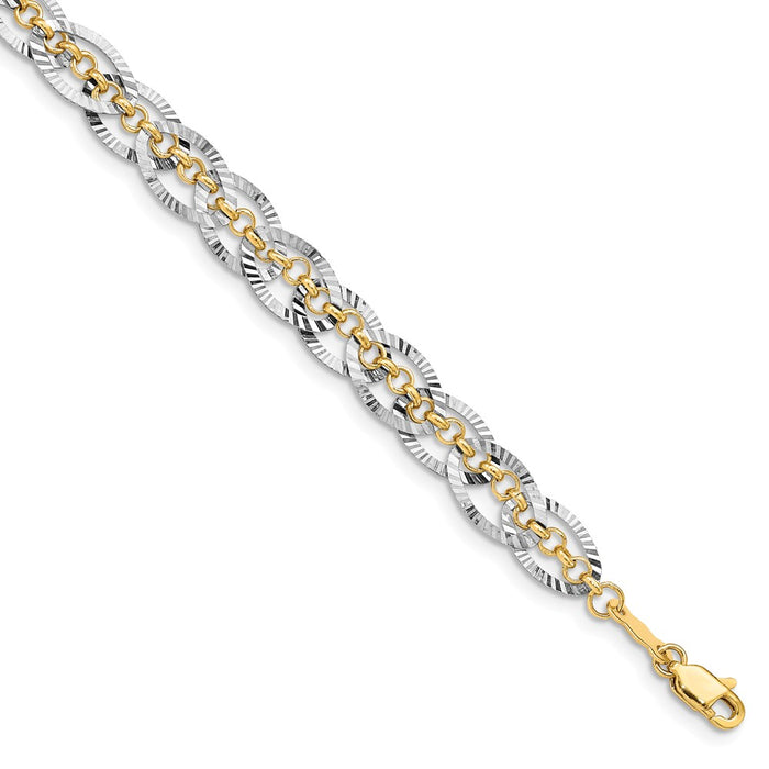 Million Charms 14k Yellow Gold Two-tone Diamond-Cut Chain Weave with Oval Links Bracelet, Chain Length: 7.25 inches