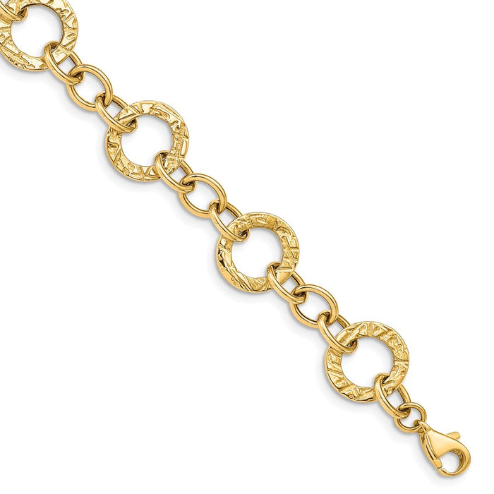 Million Charms 14k Yellow Gold Polished and Textured Fancy Link Bracelet, Chain Length: 7.25 inches