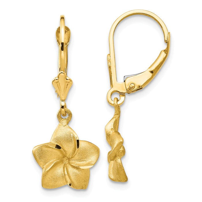 Million Charms 14k Yellow Gold Satin & Diamond-Cut Plumeria Dangle Leverback Earrings, 29mm x 11mm