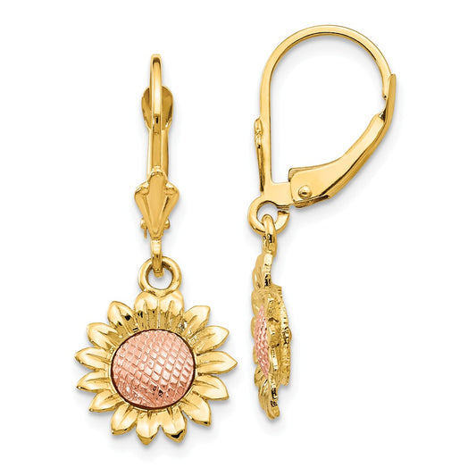 Million Charms 14k Two-tone Polished Sunflower Dangle Leverback Earrings, 31mm x 12mm