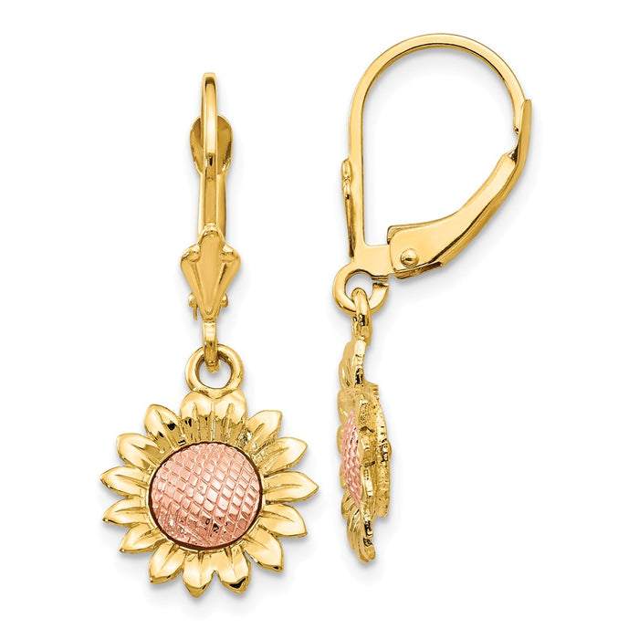 Million Charms 14k Two-tone Polished Sunflower Dangle Leverback Earrings, 31mm x 12mm