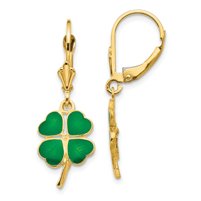 Million Charms 14k Yellow Gold Enameled Clover Leverback Earrings, 33mm x 11mm
