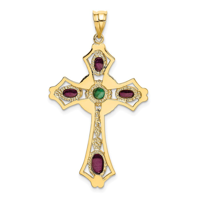 Million Charms 14K Yellow Gold Themed Ruby & Emerald Cabochon Relgious Cross Pendant