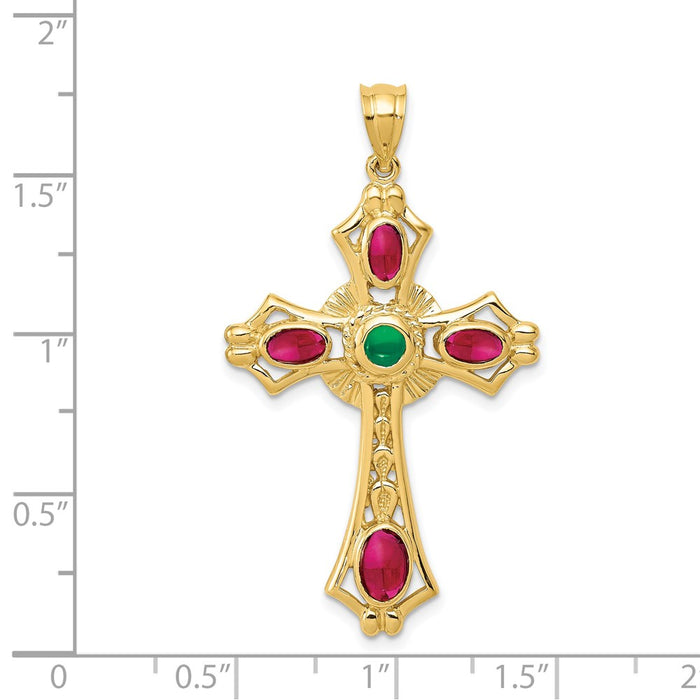 Million Charms 14K Yellow Gold Themed Ruby & Emerald Cabochon Relgious Cross Pendant