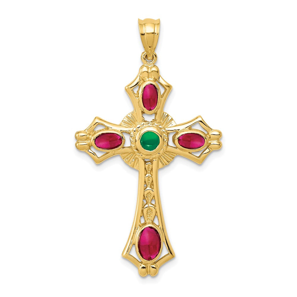 Million Charms 14K Yellow Gold Themed Ruby & Emerald Cabochon Relgious Cross Pendant