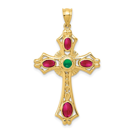 Million Charms 14K Yellow Gold Themed Ruby & Emerald Cabochon Relgious Cross Pendant