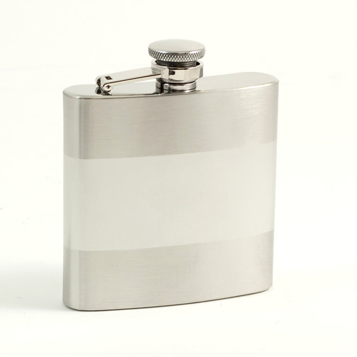 Occasion Gallery Silver Color 6 oz. Stainless Steel Flask in Satin and Shiny Finish with Captive Cap and Durable Rubber Seal. 3.75 L x 5.35 W x 1 H in.