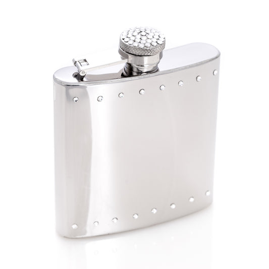 Occasion Gallery Silver Color 6 oz. Stainless Steel Crystal Encrusted Shiny Flask with Captive Cap and Durable Rubber Seal. 3.75 L x 4.5 W x 0.75 H in.