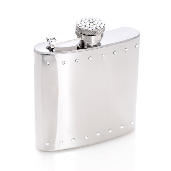 Occasion Gallery Silver Color 6 oz. Stainless Steel Crystal Encrusted Shiny Flask with Captive Cap and Durable Rubber Seal. 3.75 L x 4.5 W x 0.75 H in.