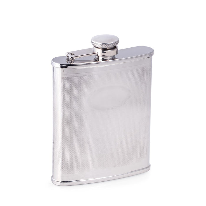 Occasion Gallery Silver Color 6 oz. Stainless Steel Oval Medallion Flask with Captive Cap and Durable Rubber Seal. 3.75 L x 5.35 W x 1 H in.
