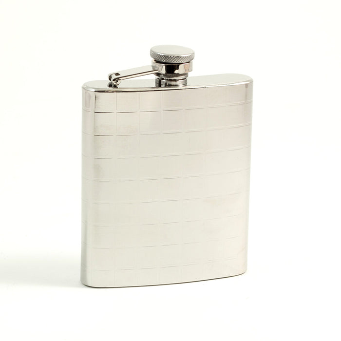 Occasion Gallery Silver Color 7 oz. Stainless Steel Mirror Finish Checker Design Flask with Captive Cap and Durable Rubber Seal. 3.75 L x 0.75 W x 5.25 H in.