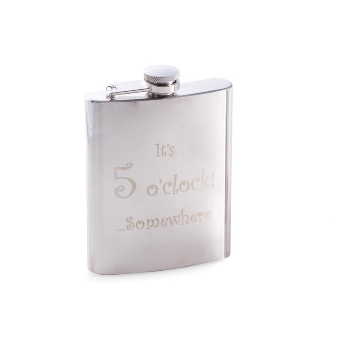 Occasion Gallery Silver Color 7 oz. Stainless Steel Mirror Finish "5 o'clock" Flask with Captive Cap and Durable Rubber Seal. 3.75 L x 0.75 W x 5.25 H in.