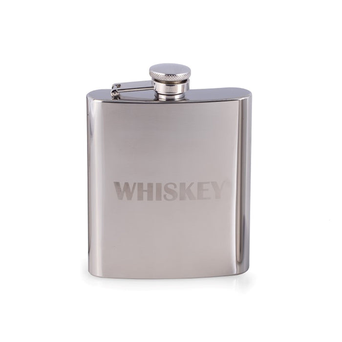 Occasion Gallery Silver Color 7 oz. Stainless Steel Mirror Finish "Whiskey" Flask with Captive Cap and Durable Rubber Seal. 3.75 L x 0.75 W x 5.25 H in.