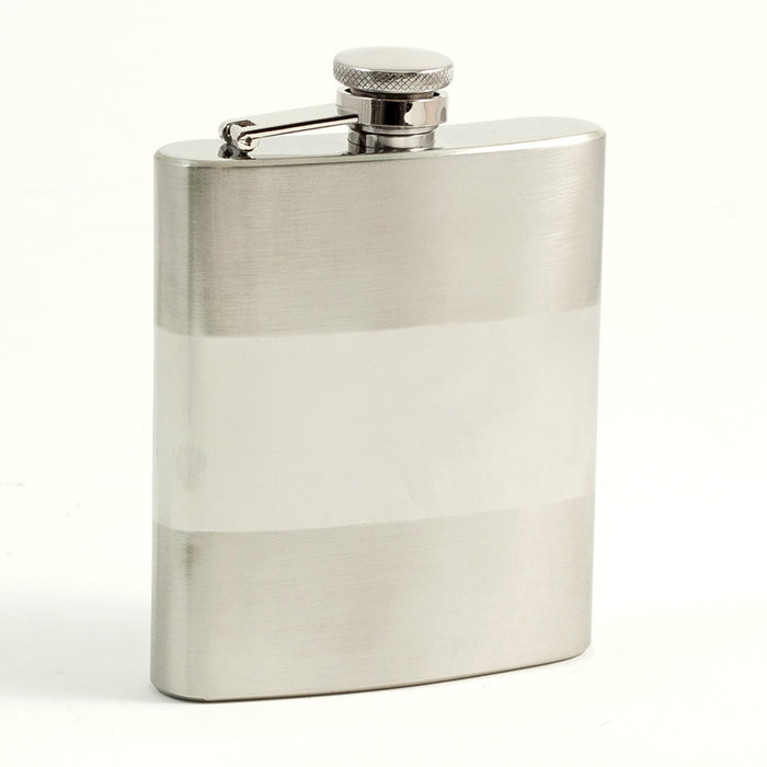 Occasion Gallery Silver Color 8 oz. Stainless Steel Flask in Satin and Shiny Finish with Captive Cap and Durable Rubber Seal. 3.75 L x 0.85 W x 5 H in.